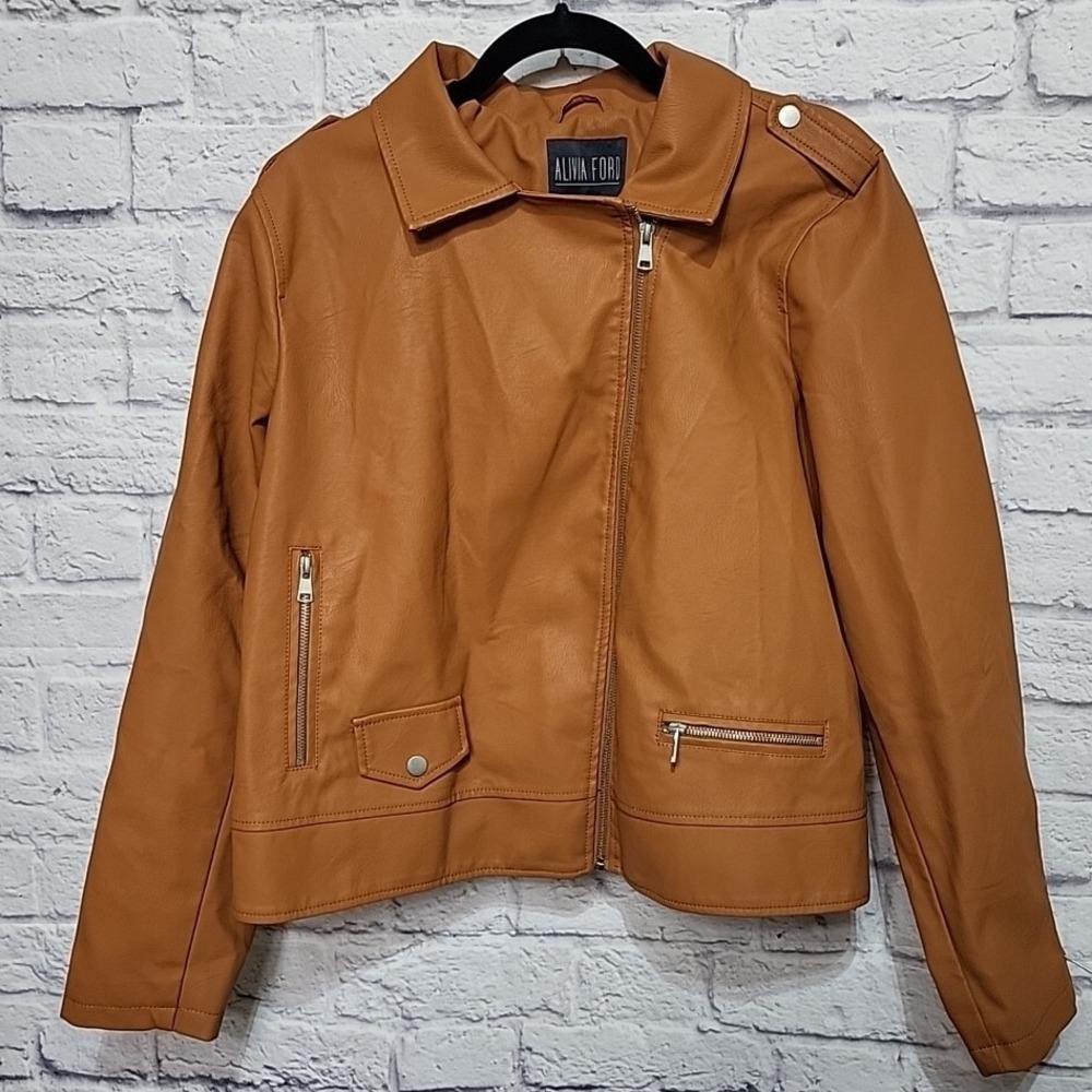 Alivia Ford 1X  Moto  Jacket Curvy Collection‎ Faux Leather Rust Full Zip NWT